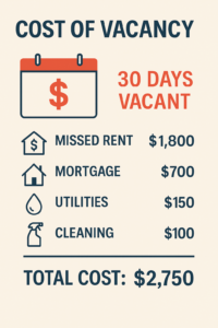 nfographic listing rental cost of vacancy including missed rent, mortgage, utilities, and cleaning, totaling $2,750 over 30 days.