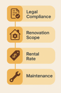 A warm orange-toned Richmond-style flowchart with icons representing legal compliance, renovation scope, rental rate, and maintenance. Each section uses minimal text and bold icons to visually communicate key considerations homeowners should review before investing in a basement apartment in Windsor.