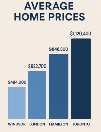 A bar chart comparing average home prices in four Ontario cities in 2024, showing Windsor at $484,000, London at $622,700, Hamilton at $848,300, and Toronto at $1,120,400. The bars increase in height from left to right, highlighting Windsor as the most affordable and Toronto as the most expensive.